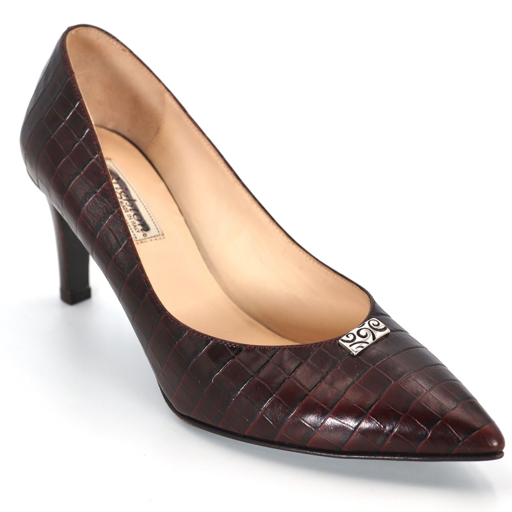 Brighton Young Pumps Womens 10M Brown Croc Leather Pointed Toe Heel Italy Office
